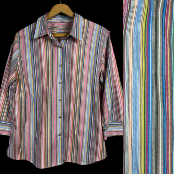 Foxcroft Tops - Foxcroft Shirt Top Size 12 Button Up Rainbow Stripe Blouse Wrinkle Free Shaped